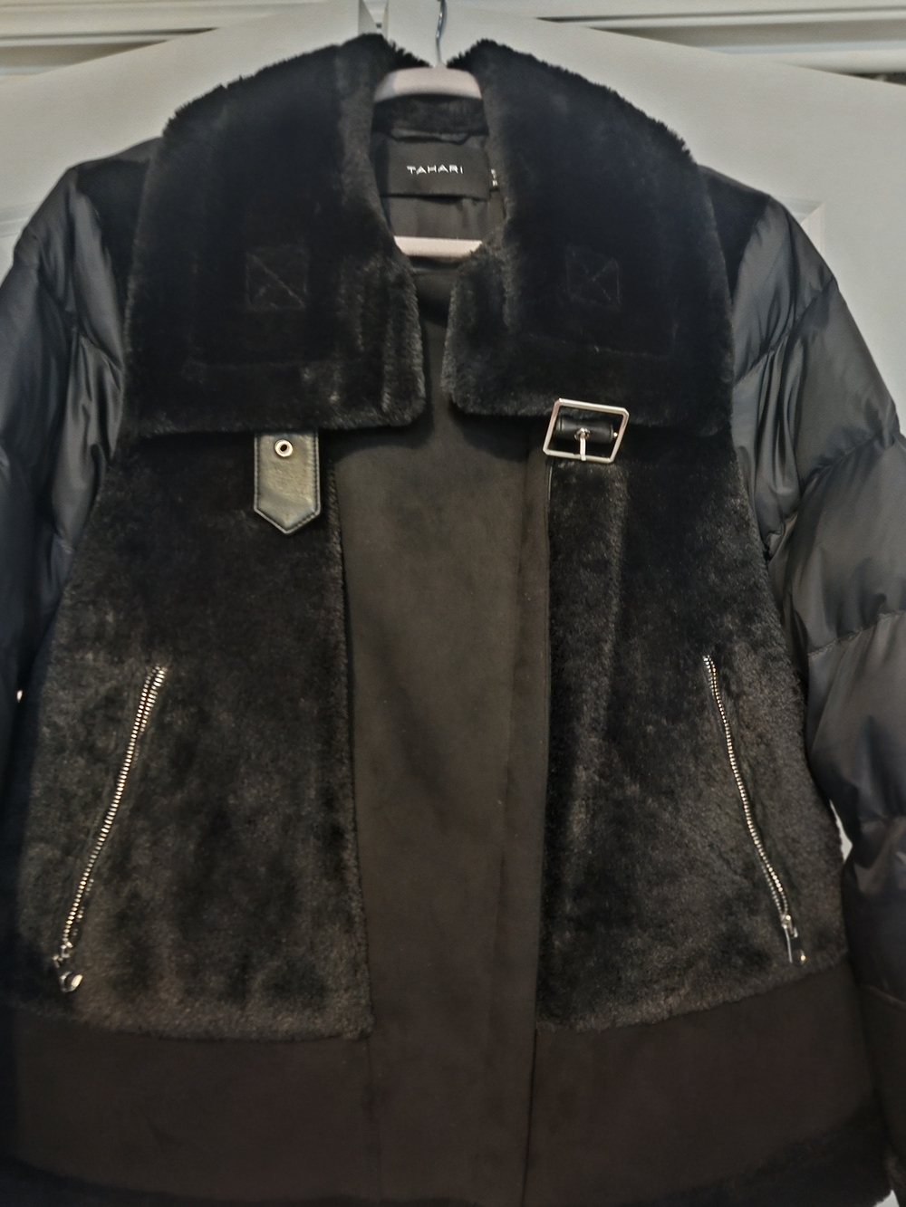 Tahari Black Faux Fur/Suede Trimmed Puffer Coat with Quilted Sleeves